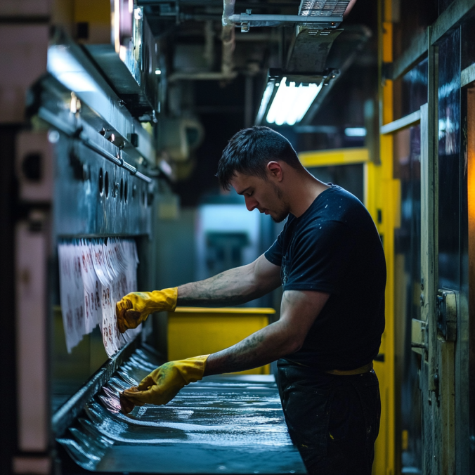 Trabajador de imprenta limpiando equipos de impresión